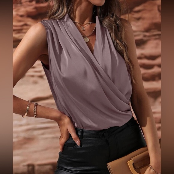 Luxe mauve purple wrap satin blouse - Picture 2 of 4